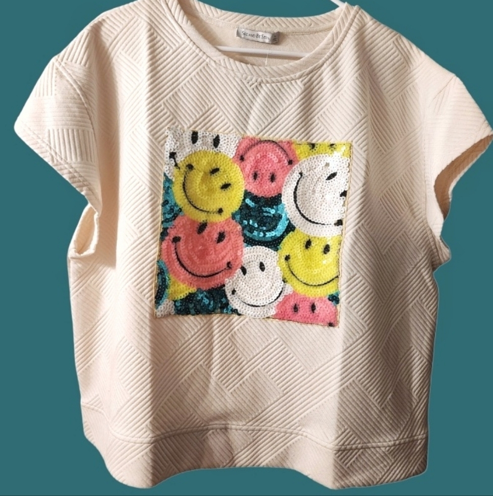 See And Be Seen Cream Tee With Sequin Smiley Faces